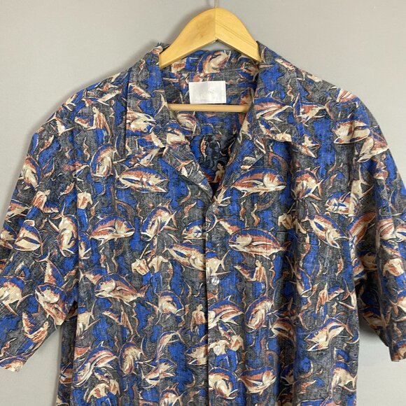 Vintage Hawaiian Shirt Giant Fish Men Scene Short Sleeve Unique Print Button-Up - Picture 4 of 12
